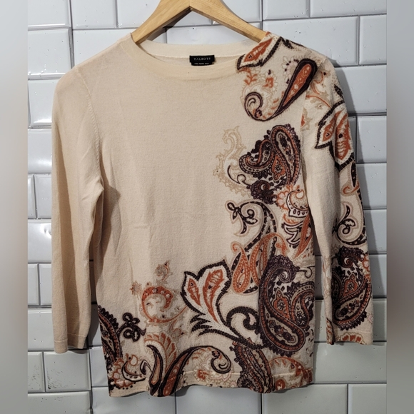 Talbots Sweaters - Talbots Pure Merino Wool 3/4  Sleeve Crew Neck Color(S) Cream Brown Paisley Prin